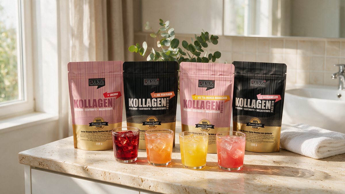 PULSUS FIT Kollagen-Hyaluron-Elektrolyte-Ballaststoffe Drink in vier Sorten mit vier Gläsern