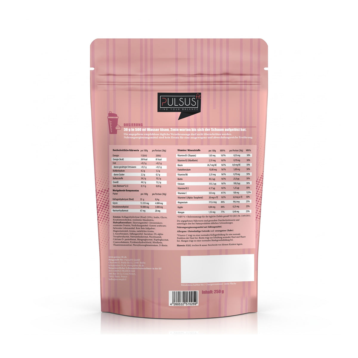 PULSUS FIT Kollagen Drink Women Edition Cherry Rückseite mit Nährwerten