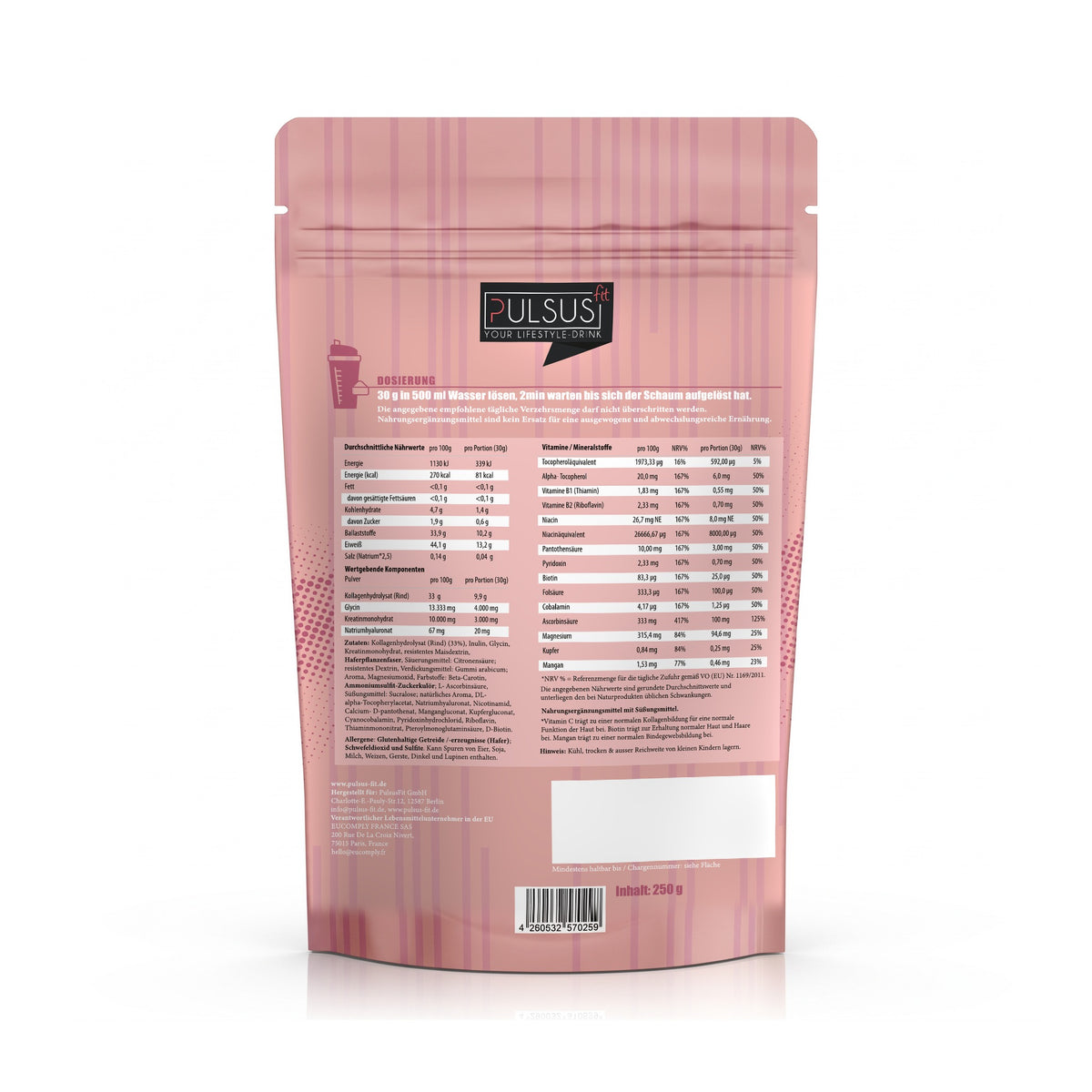 PULSUS FIT Kollagen Drink Women Edition Ice Tea Mango Maracuja Rückseite mit Nährwerten