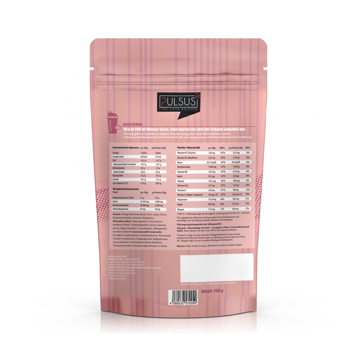 PULSUS FIT Kollagen Drink Women Edition Ice Tea Peach Rückseite mit Nährwerten
