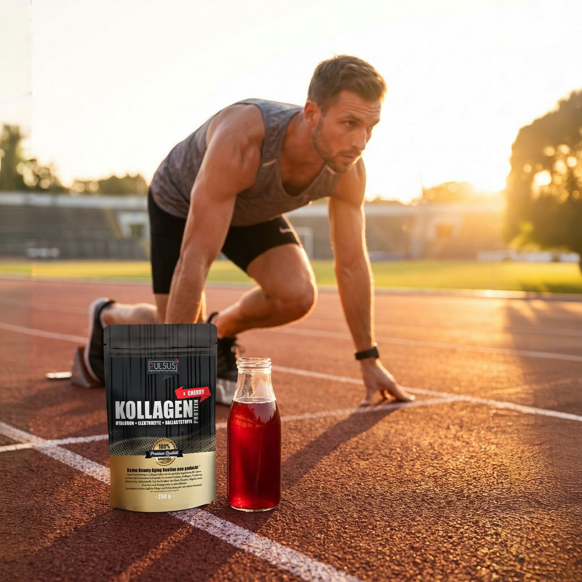 Sprinter auf der Bahn mit PULSUS FIT Kollagen Drink Men Edition