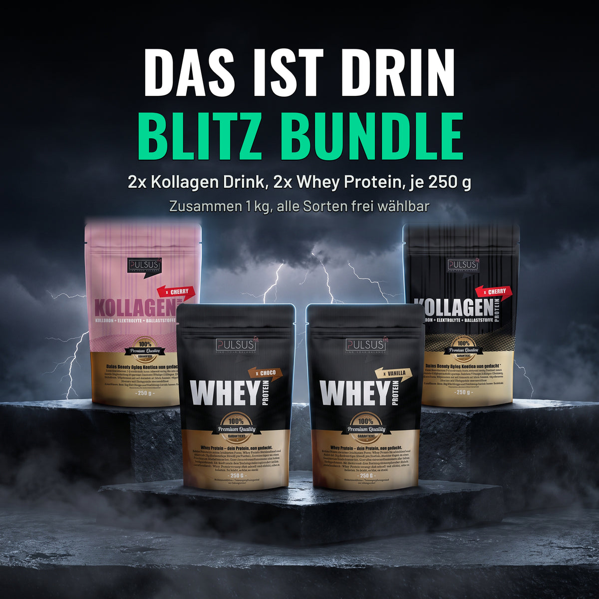 Blitz Bundle von PULSUS fit: 2x Kollagen Drink und 2x Whey Protein, je 250 g, auf einem Steinpodest vor Gewitterhimmel
