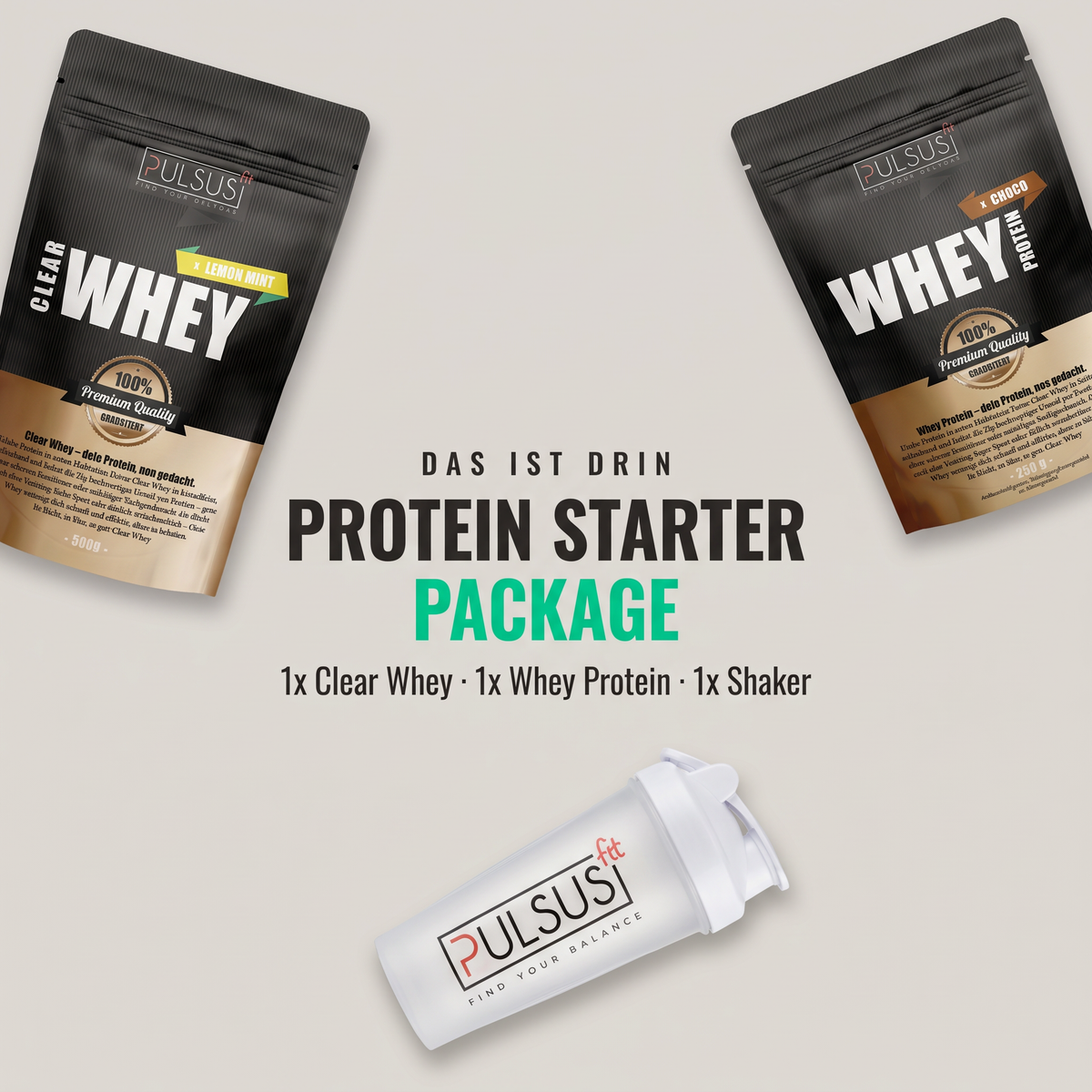 Protein Starter Package - Clear Whey, Whey Protein und Protein Shaker