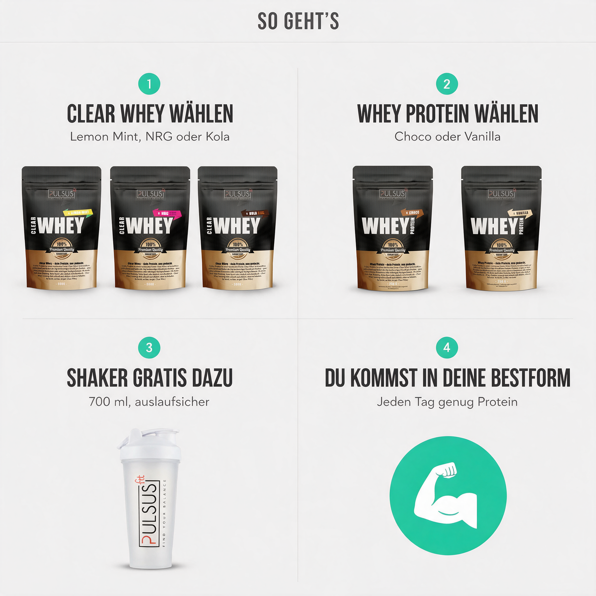 So geht's: Clear Whey wählen, Whey Protein wählen, Shaker gratis dazu