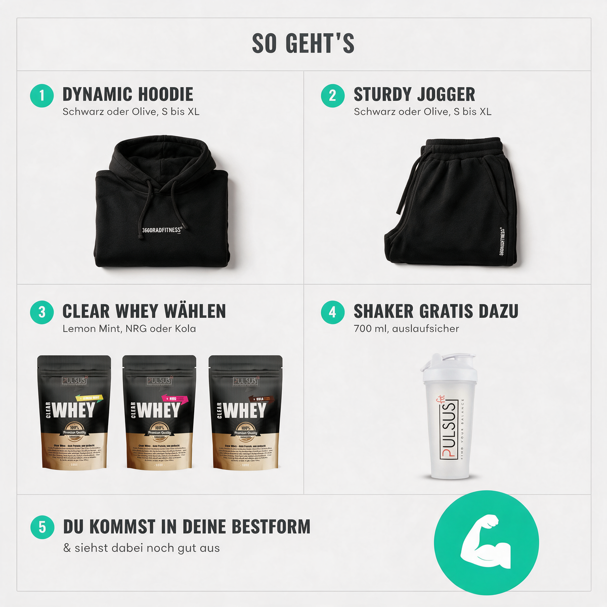 So geht's: Dynamic Hoodie, Sturdy Jogger, Clear Whey, Shaker gratis dazu